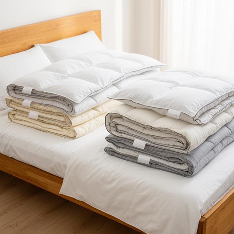 Folded summer, spring and winter duvets arranged on a wooden bed in a bright bedroom