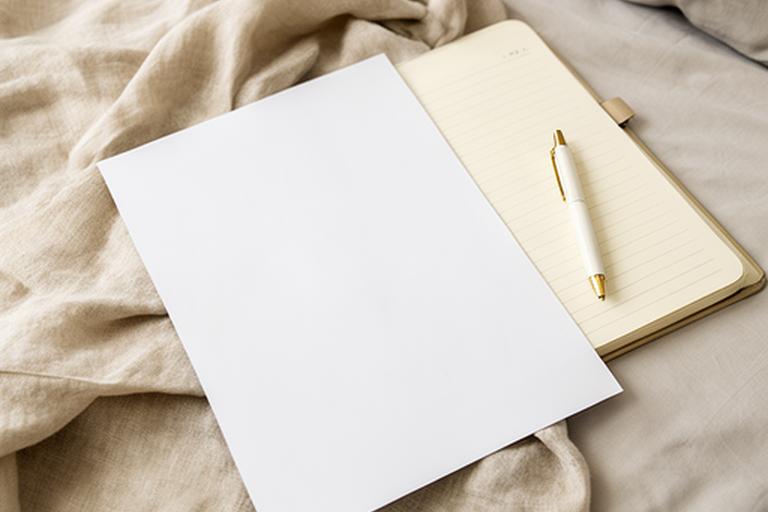 Printed privacy notice beside a notebook and neutral bedroom textiles