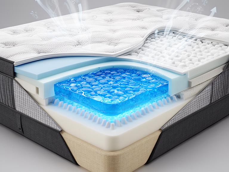 Cool-gel memory foam mattress opened to show its blue gel-infused comfort layer and ventilated structure