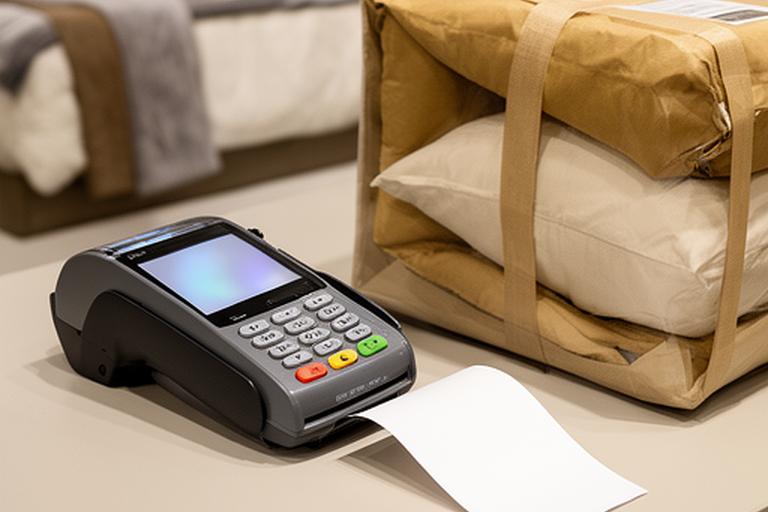 Till receipt and card payment terminal beside a boxed pillow order in a retail showroom