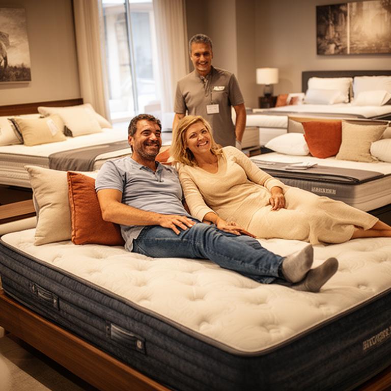 Relaxed couple testing a supportive mattress in the warm-lit Buckingham showroom