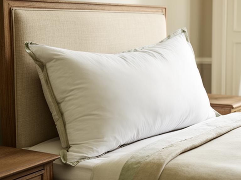 Goose feather and down pillow resting against a linen headboard in a traditional bedroom