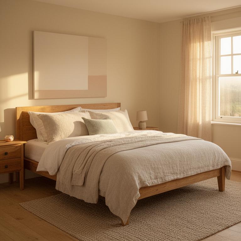 Quiet finished bedroom in Buckingham with a natural mattress, linen bedding and solid timber bed