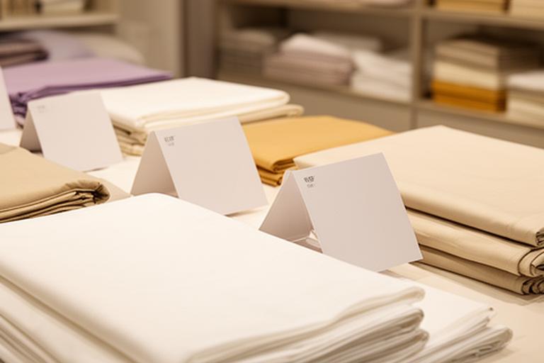 Bedding price labels and stock notes arranged beside folded sheets in a shop display