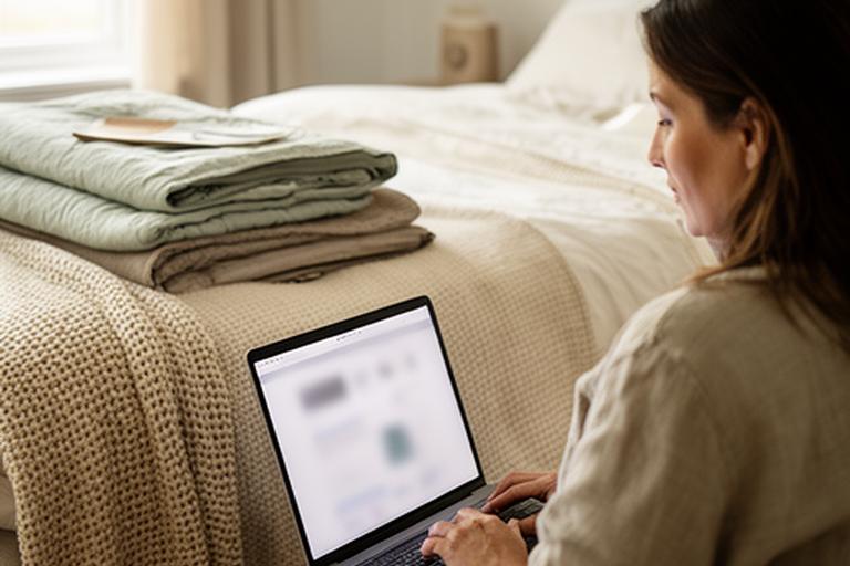 Customer reading bedding product information on a laptop at home