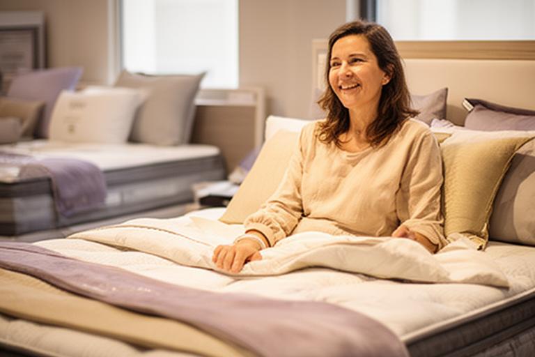 Happy customer sitting on a made bed after testing a mattress in a softly lit showroom