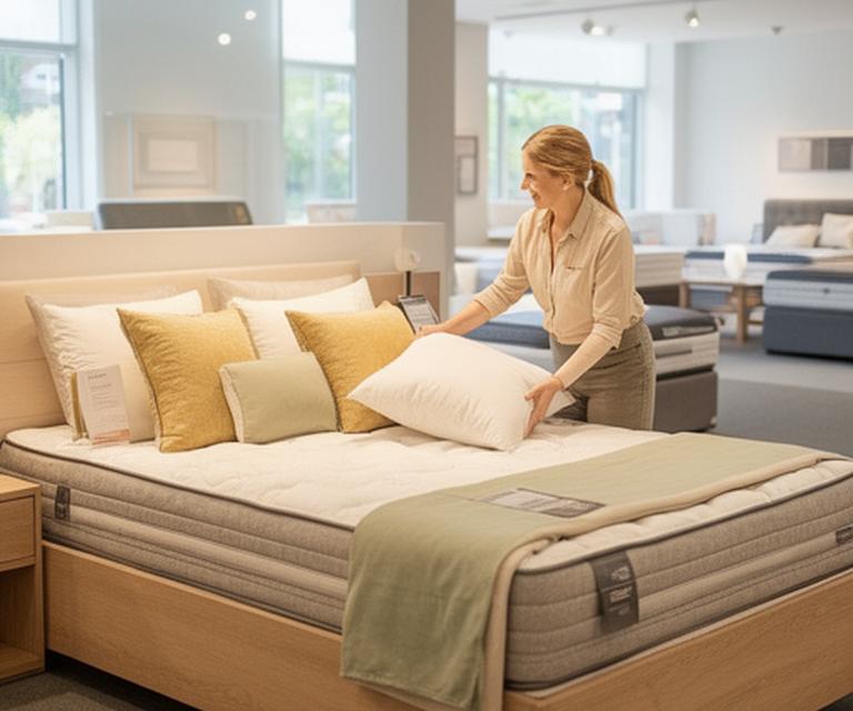 Sleep adviser arranging pillows beside a mattress in a bright Buckingham showroom