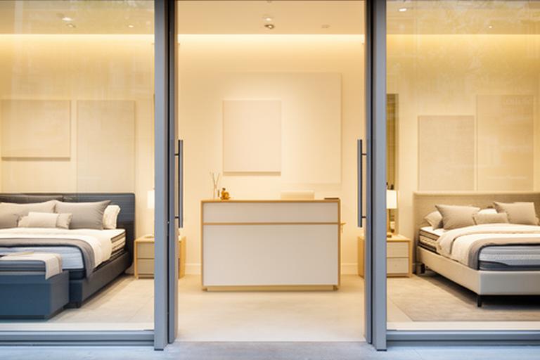 Front entrance of a Buckingham bedding showroom with a welcoming reception desk