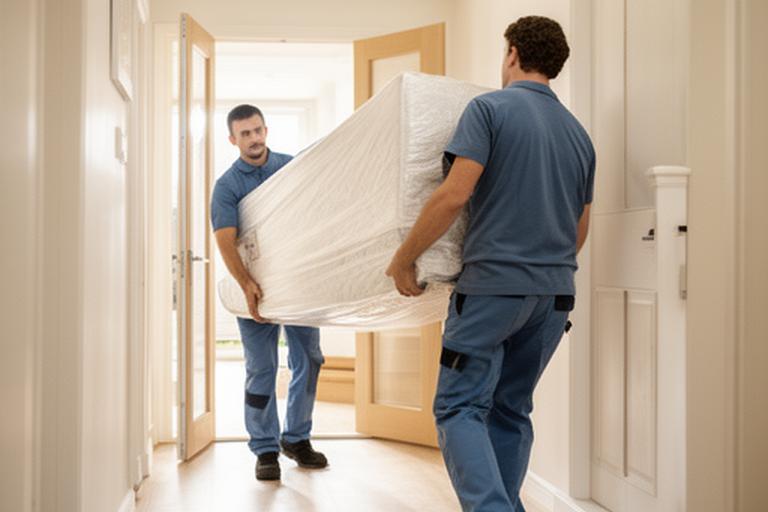 Mattress delivery team carrying a wrapped mattress through a clean residential hallway