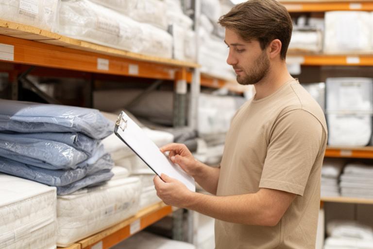 Staff member checking a mattress order beside shelving in a tidy Buckingham bedding warehouse