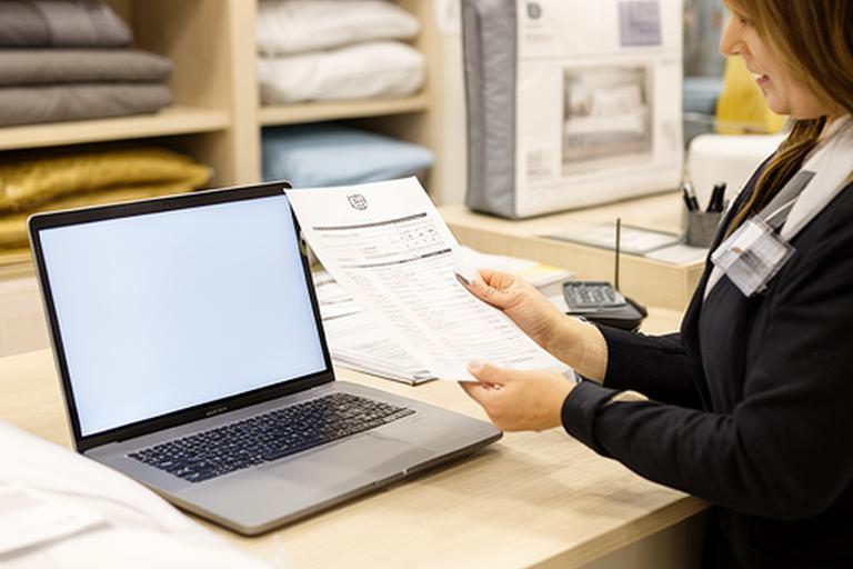 Retail adviser checking a bedding order at a tidy customer service desk