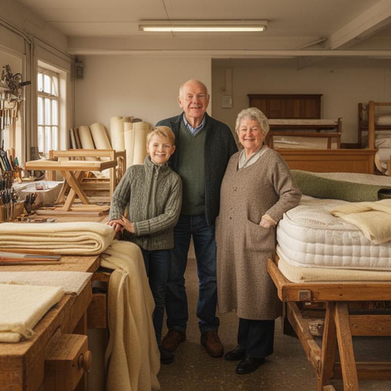 Three generations of a family standing together inside their Buckingham mattress workshop