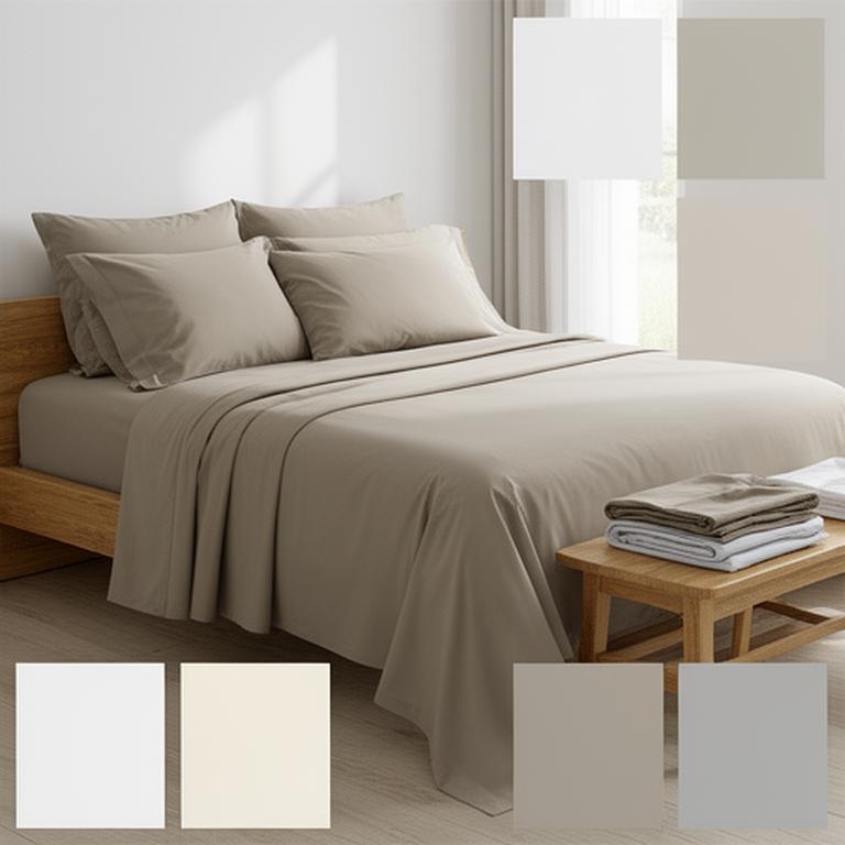 Coordinated bed linen set with fitted sheet, flat sheet, duvet cover and pillowcases in stone