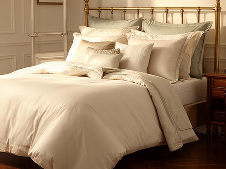 Premium duvet and coordinated pillows displayed on a brass-framed bed in a classic bedroom