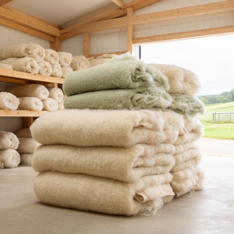 Bales of soft organic lambswool stacked inside a bright British farm store