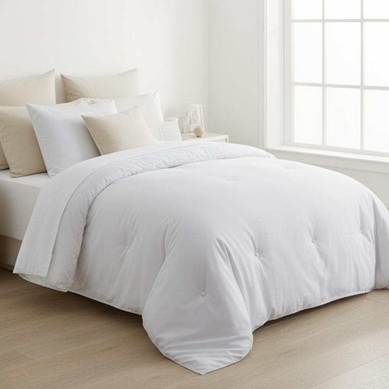 White percale duvet cover folded over a neatly made bed in a bright bedroom