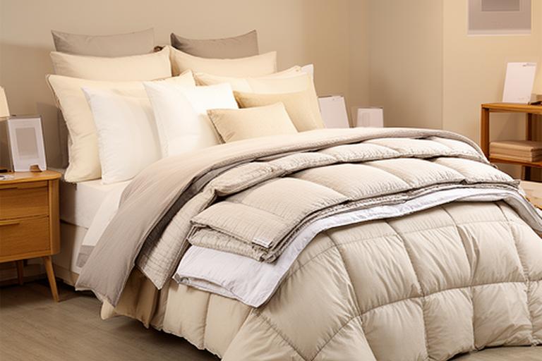 Pillows and duvets arranged on a neutral bed display with clear product labels