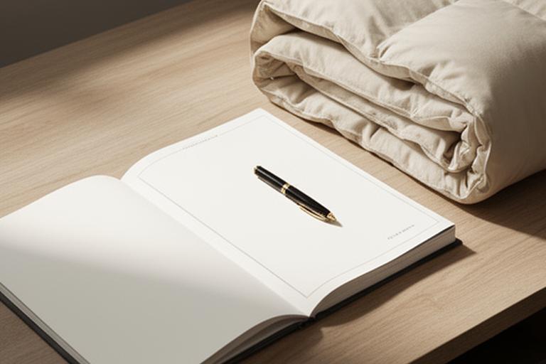 Open legal document and pen on a desk beside a neatly folded cotton duvet cover