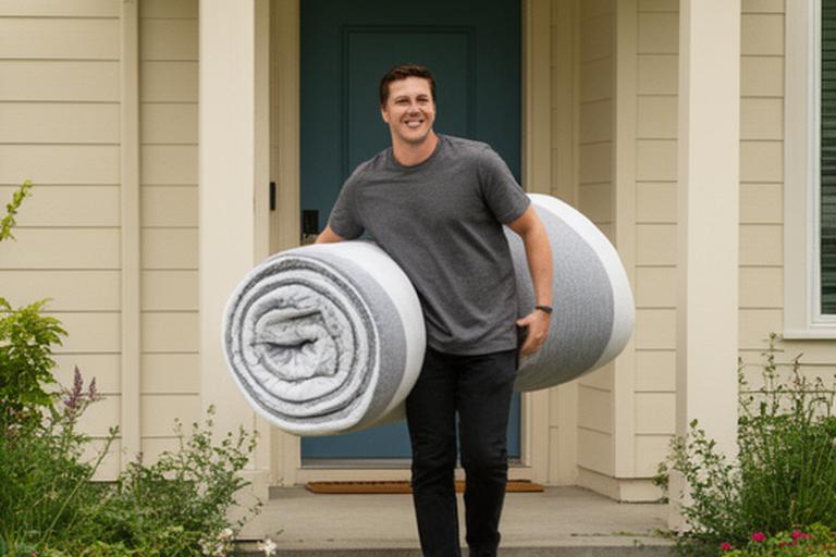 Delivery team member carrying a rolled mattress towards a residential doorway