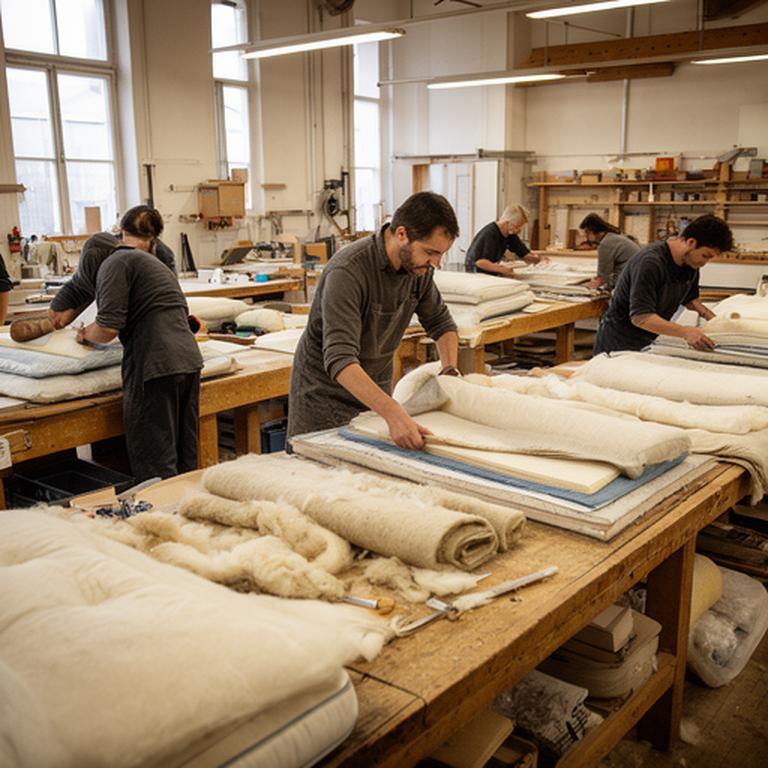 Family-run mattress workshop on Stowe Avenue with craftspeople layering materials at worktables