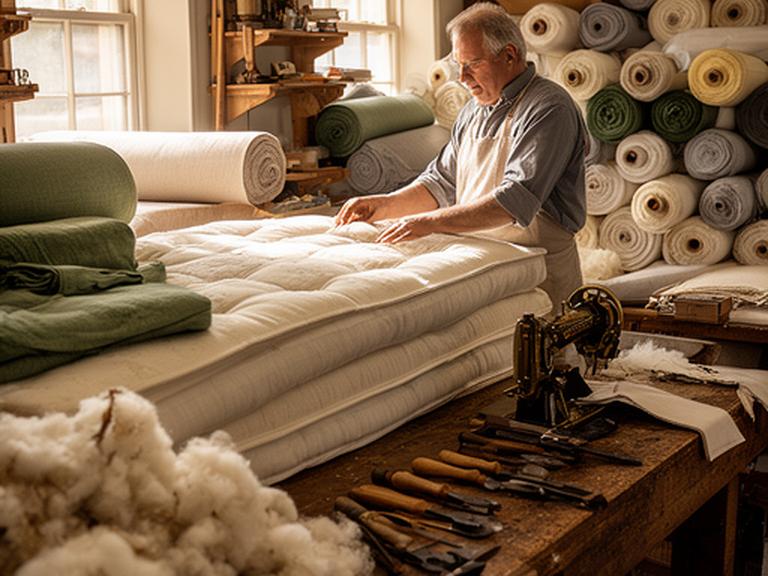 Mattress maker working beside rolls of wool and cotton in a traditional Buckingham workshop