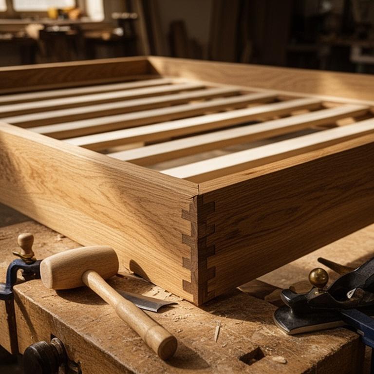 FSC-certified timber bed frame being assembled on a traditional workshop bench