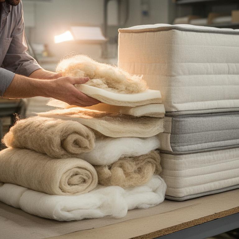Mattress maker inspecting wool and cotton layers beside a finished natural mattress