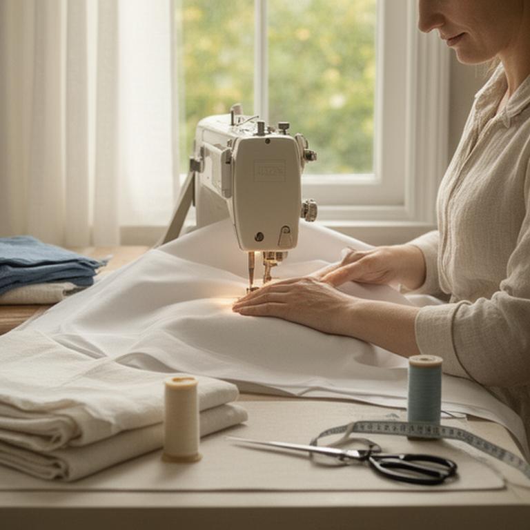 Seamstress stitching a crisp cotton bed linen panel at a worktable near a sunlit window