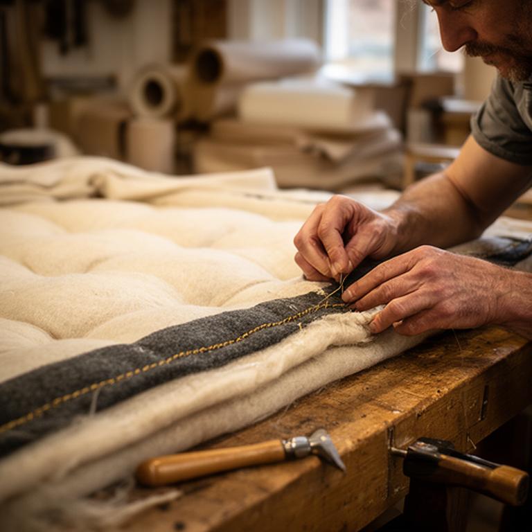 Craftsperson hand-stitching the border of a natural-fibre mattress in the Buckingham workshop
