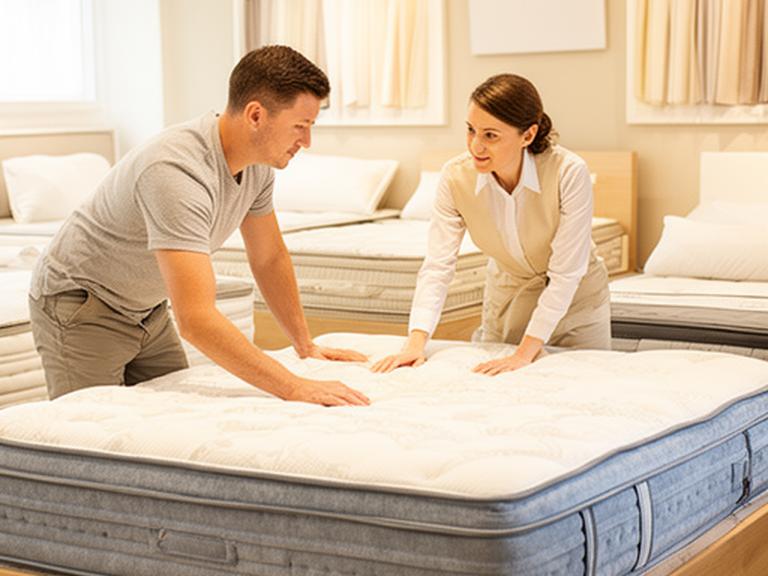 Mattress specialist checking the support and surface tension of a mattress in a bright showroom