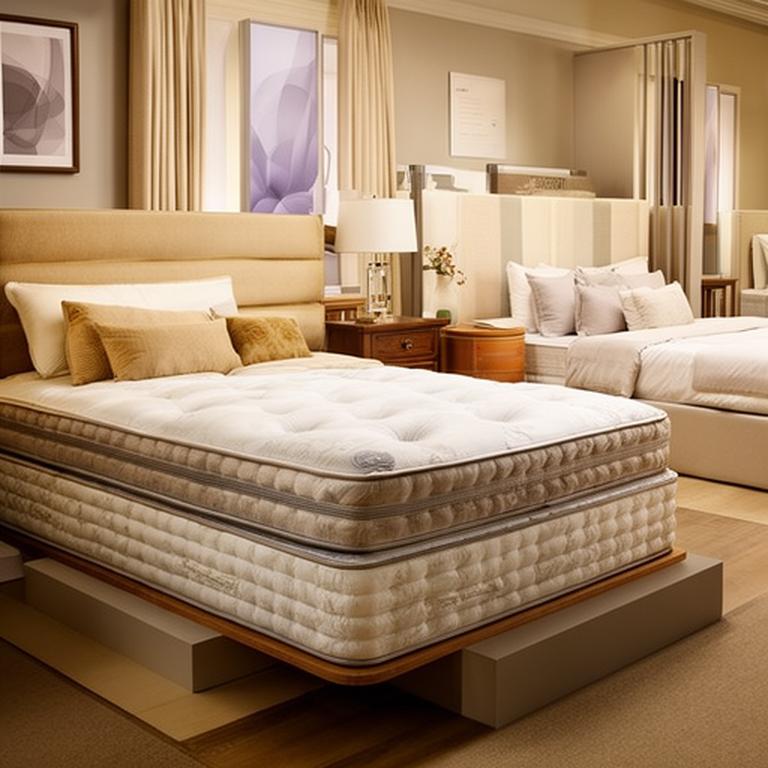 Three premium mattresses displayed at different heights in a traditional British bedroom showroom