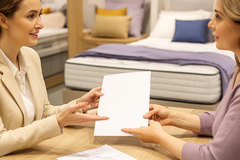 Retail adviser reviewing bedding order details at a showroom desk