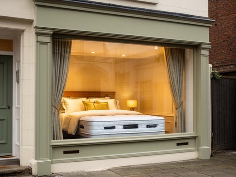 Traditional Buckingham mattress showroom frontage with a neatly dressed bed visible through the window