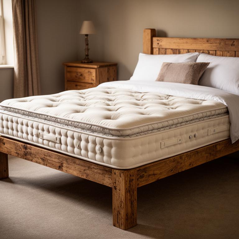 Chiltern hand-tufted pocket-spring mattress on a rustic wooden bed frame