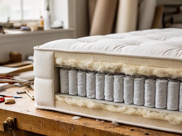 Hand-built mattress cross-section on a workshop table showing wool, cotton and pocket spring layers
