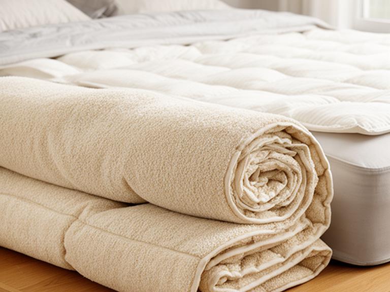 Cotton terry mattress protector and rolled wool-filled topper placed beside a made bed