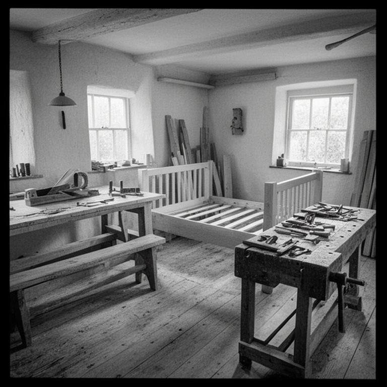 Black-and-white photograph of the original Buckingham bed-making workshop with timber benches and hand tools