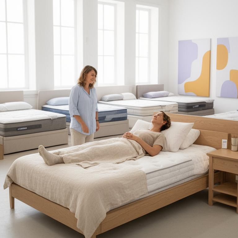 Customer trying a mattress in the bright airy Zenith Nights Co. showroom in Buckingham