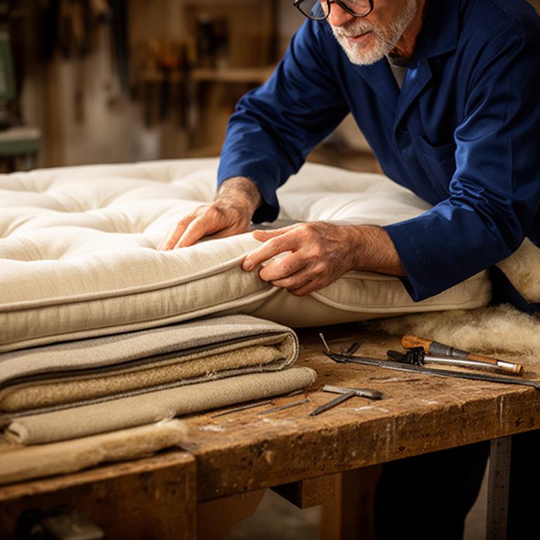 Senior upholsterer working by hand on a mattress edge in the Buckingham workshop