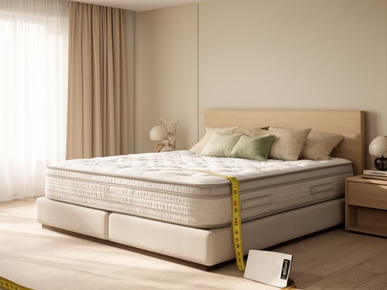 A dressed bedroom showing a super king mattress beside a measuring tape and size guide