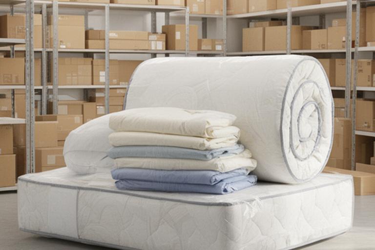 Packed mattress and bed linen order prepared for delivery in a clean stockroom