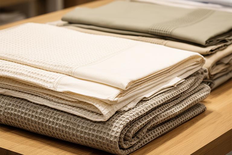 Folded cotton bed linen and textured duvet covers displayed on a wooden showroom table