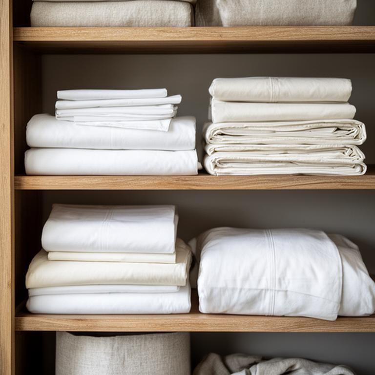 Folded white and ivory cotton bed linen arranged on a wooden linen shelf