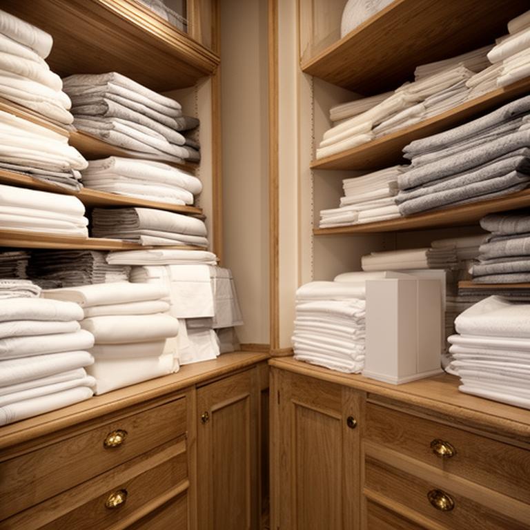 Neatly folded bed linen range displayed on open shelves in a traditional bedding showroom