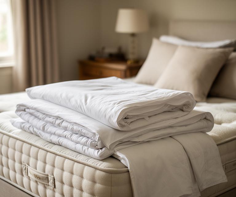 Folded white bedding beside a mattress in a calm Buckingham bedroom