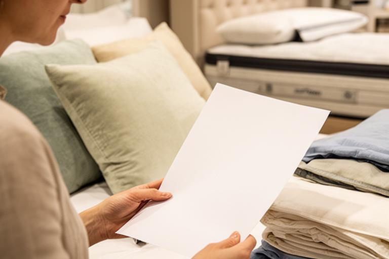 Customer reading a clear order confirmation beside pillows and fresh bed linen