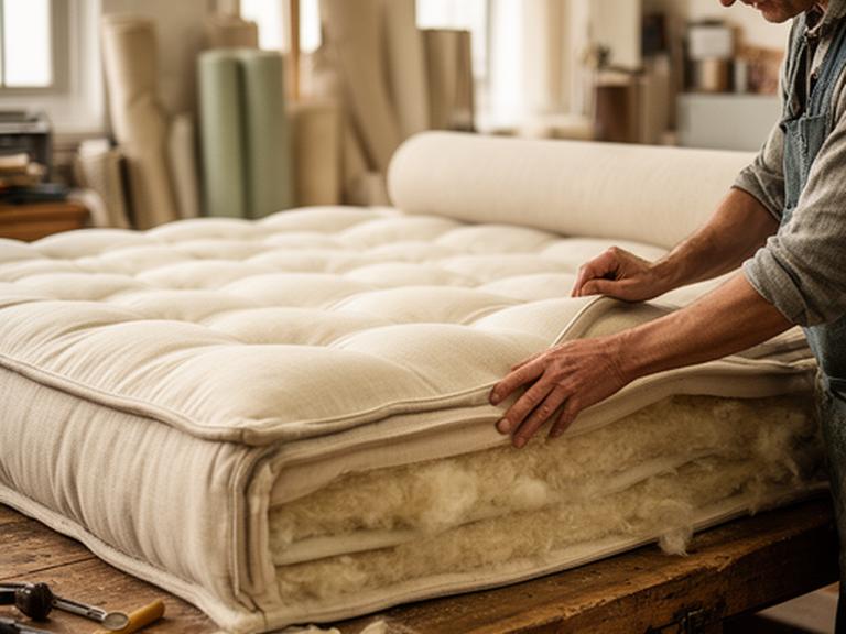 Natural wool mattress being finished in a Buckingham mattress workshop with cotton fabric visible