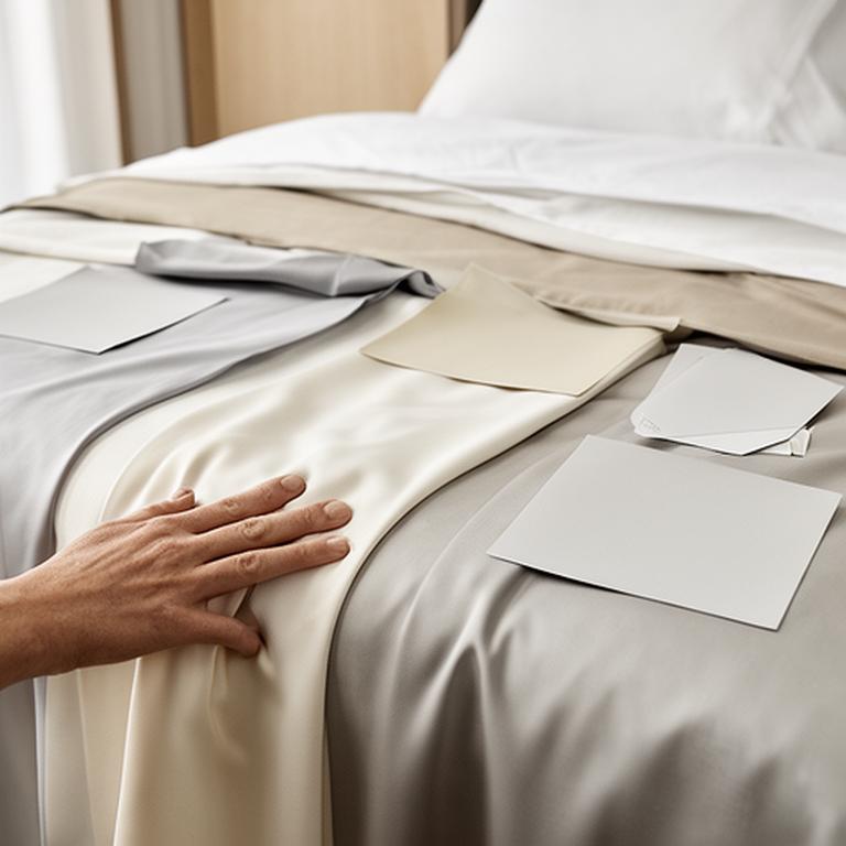 Neutral bed linen samples displayed on a made bed for comparing texture and colour