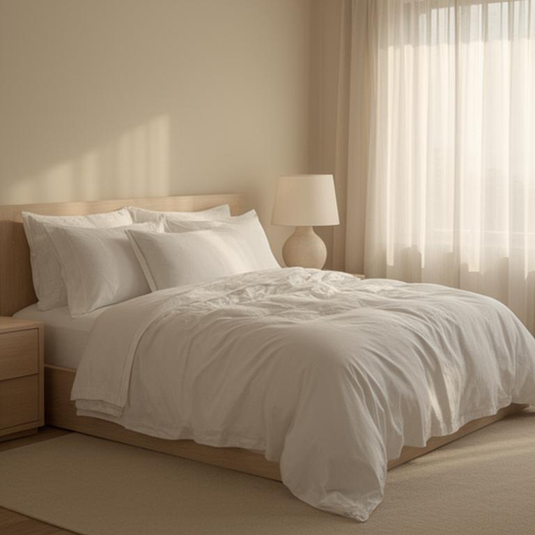 Crisp white linen layered across a calm bedroom with soft morning light