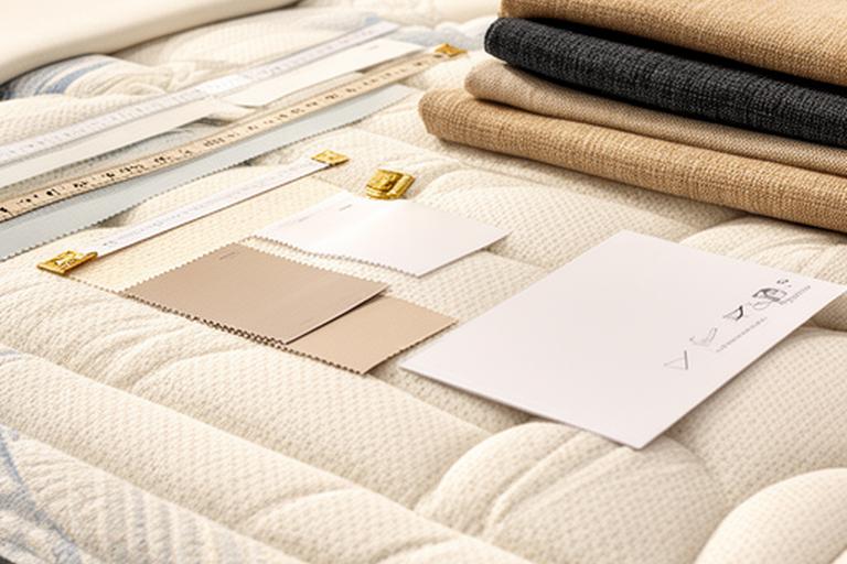 Close view of mattress labels, fabric samples and care instructions on a showroom table